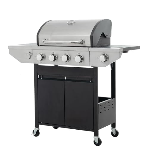 4 Burner Gas Grill with Side Burner, Stainless Steel Propane BBQ Grill with Built in Thermometer H711