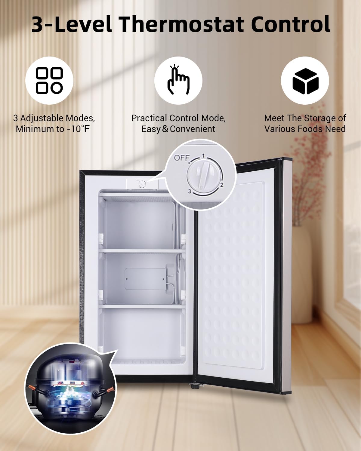 3.2 Cu. Ft. Compact Upright Freezer with 2 Shelves and 3 Level Adjustable Thermostat, Silver M998