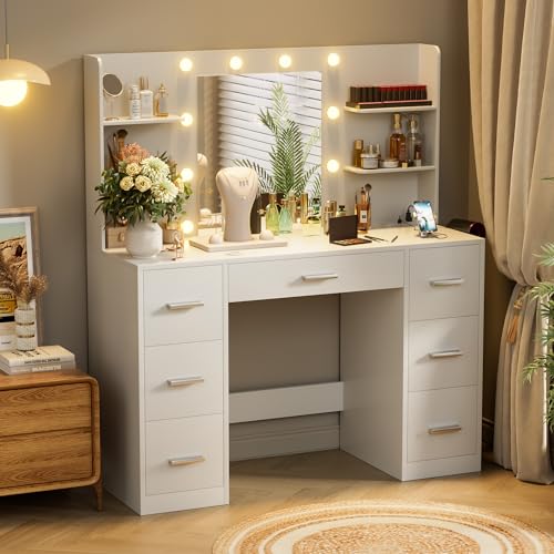 White Vanity Desk with LED Lighted Mirror and 7 Drawers C15420
