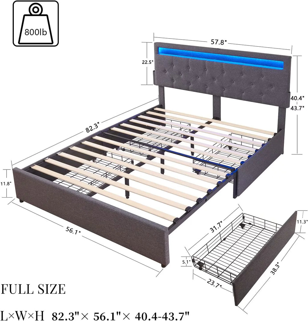 Full Size Bed Frame with 4 Drawers, LED, USB Ports, Adjustable Upholstered Headboard, Dark Grey F37973