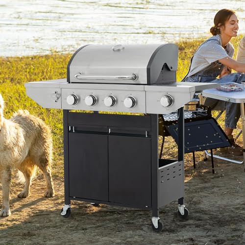 4 Burner Gas Grill with Side Burner, Stainless Steel Propane BBQ Grill with Built in Thermometer H711