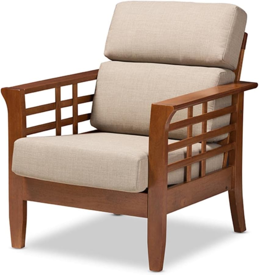 Cherry Finished Brown Wood and Dark Beige Fabric High Back 1-Seater Lounge Chair E901