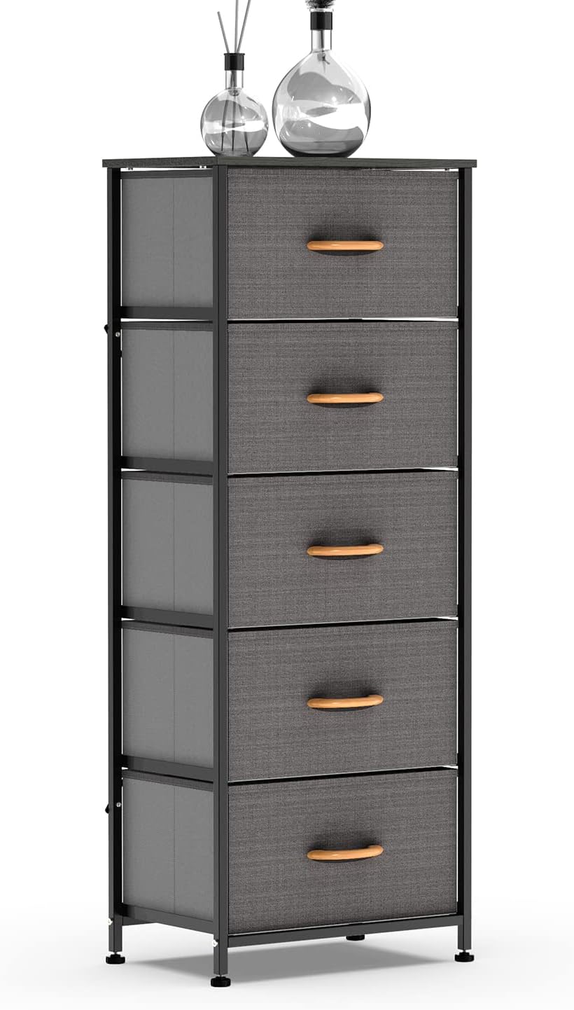 Charcoal 5 Drawer Fabric Dresser Tower D1396