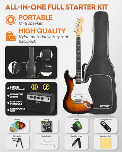 39" Full Size Electric Guitar HSS Pick Up with 10W Amp, Bag, Digital Tuner, Capo, Strap, String, Cable, Picks K40648