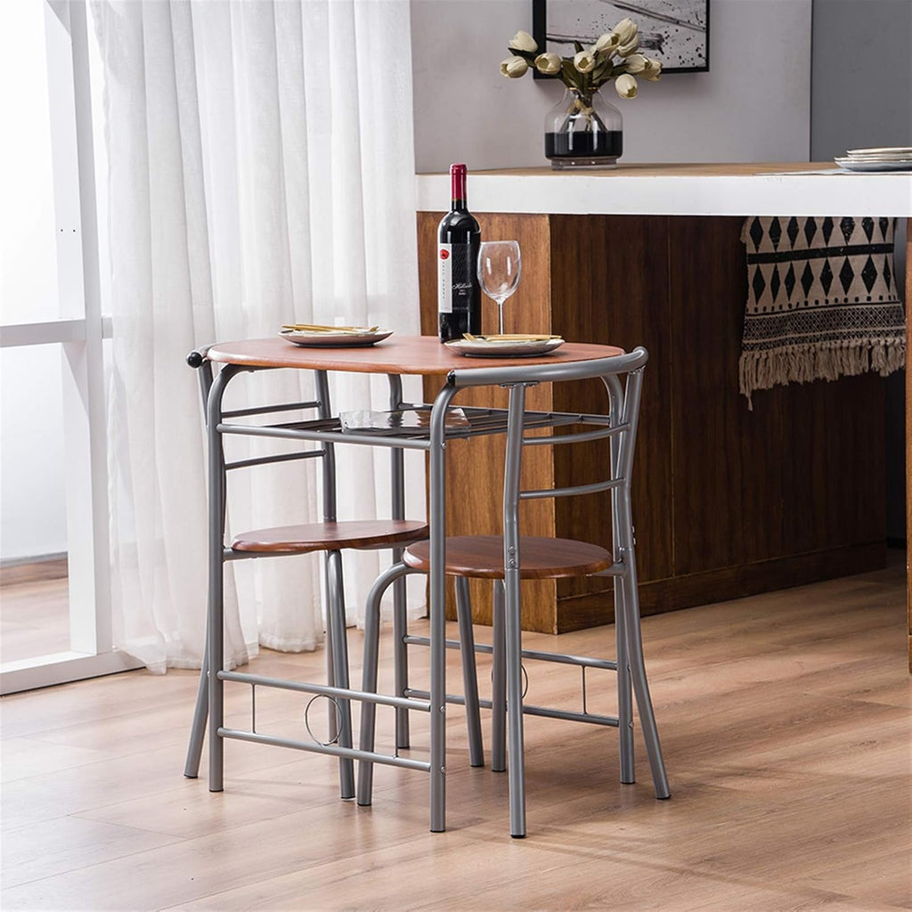 3-Piece Small Round Dining Table with Wine Storage Rack, Wood, Metal Frame, Brown G55672
