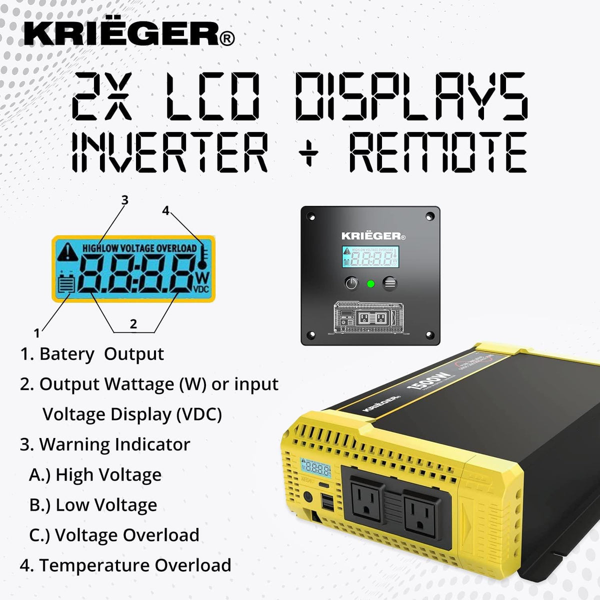 1500 Watt 12V Pure Sine Inverter with Dual AC Outlets & USB Z216