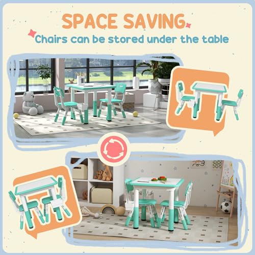 3 Pieces Height Adjustable Kids Table and Chair Set with Storage Green Z74601