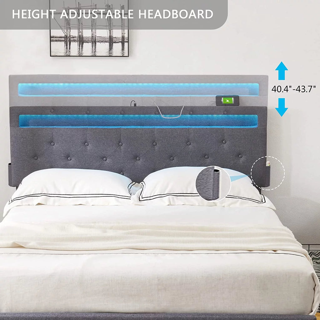 Full Size Bed Frame with 4 Drawers, LED, USB Ports, Adjustable Upholstered Headboard, Dark Grey F37973