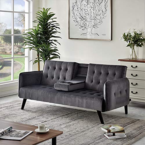 Blue Velvet Upholstered Futon Sofa Bed with Center Console and Cupholders F7599