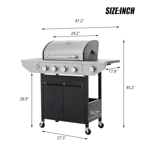 4 Burner Gas Grill with Side Burner, Stainless Steel Propane BBQ Grill with Built in Thermometer H711
