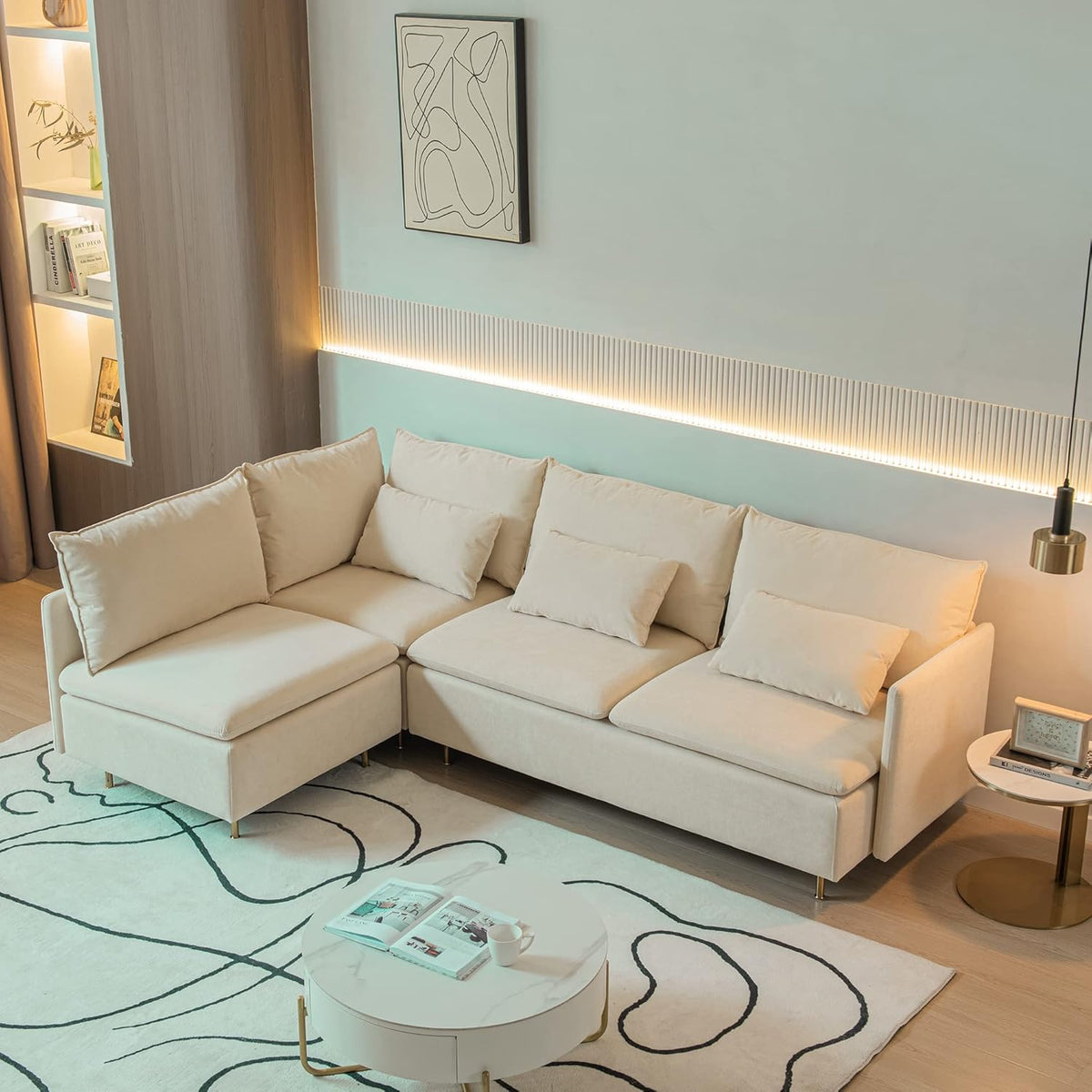 Beige Cotton Linen L Shaped Corner Sectional Couch G14398