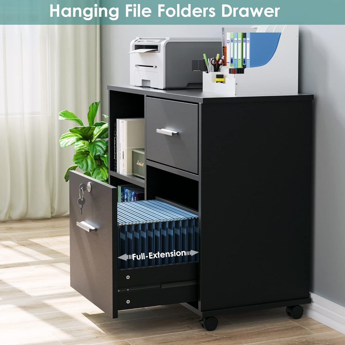 Black Wood Lateral File Cabinet with Lock E541