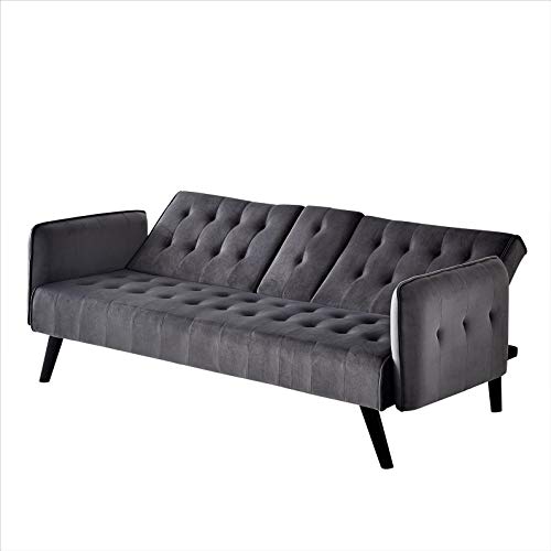 Blue Velvet Upholstered Futon Sofa Bed with Center Console and Cupholders F7599