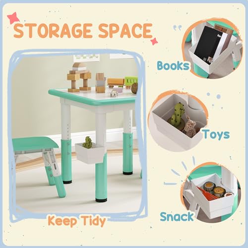 3 Pieces Height Adjustable Kids Table and Chair Set with Storage Green Z74601