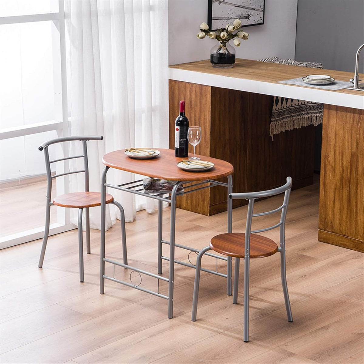 3-Piece Small Round Dining Table with Wine Storage Rack, Wood, Metal Frame, Brown G55672