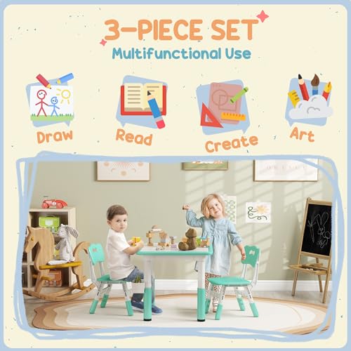 3 Pieces Height Adjustable Kids Table and Chair Set with Storage Green Z74601