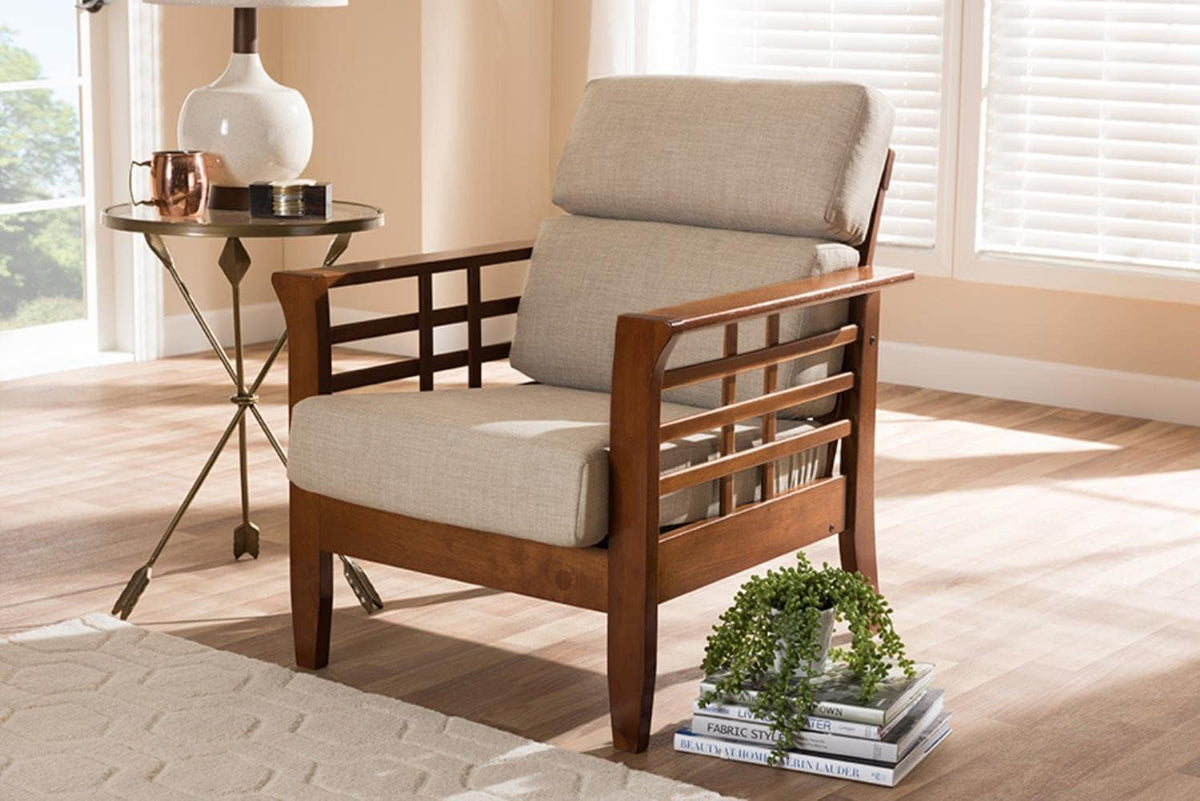 Cherry Finished Brown Wood and Dark Beige Fabric High Back 1-Seater Lounge Chair E901