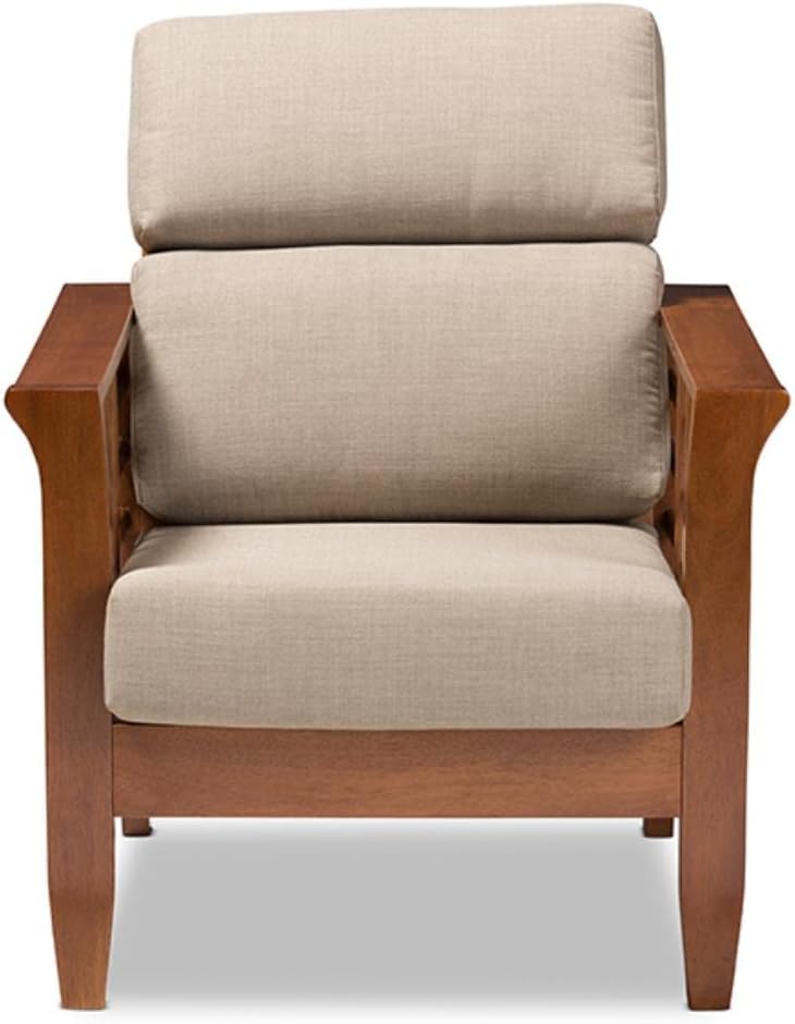 Cherry Finished Brown Wood and Dark Beige Fabric High Back 1-Seater Lounge Chair E901