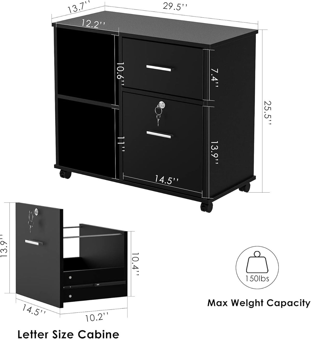 Black Wood Lateral File Cabinet with Lock E541