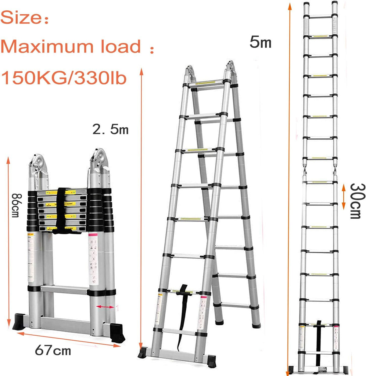 16.5FT/5M Telescopic Aluminum Extension Ladder with Slip-Proof Feet A4942
