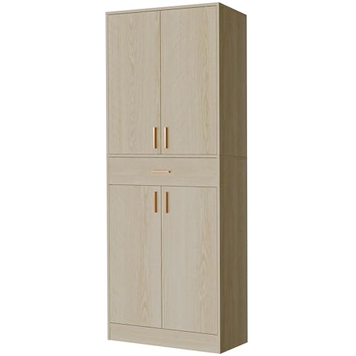 71" Tall 4 Doors Wood Freestanding Cupboard with Sliding Drawer and 2 Adjustable Shelves, Oak U940483