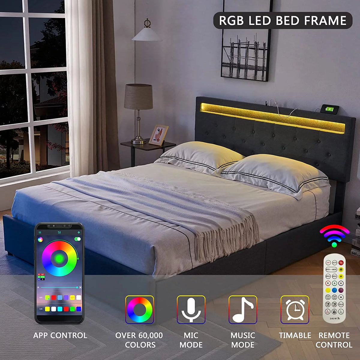 Full Size Bed Frame with 4 Drawers, LED, USB Ports, Adjustable Upholstered Headboard, Dark Grey F37973