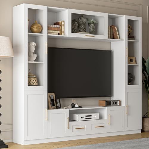 White TV Stand with Glass Doors & Shelves D429739
