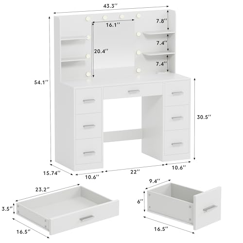 White Vanity Desk with LED Lighted Mirror and 7 Drawers C15420