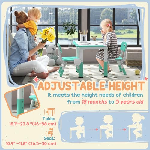 3 Pieces Height Adjustable Kids Table and Chair Set with Storage Green Z74601
