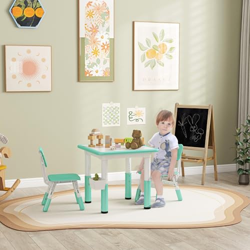 3 Pieces Height Adjustable Kids Table and Chair Set with Storage Green Z74601