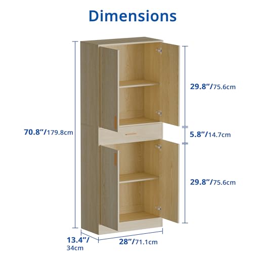 71" Tall 4 Doors Wood Freestanding Cupboard with Sliding Drawer and 2 Adjustable Shelves, Oak U940483