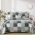 100% Cotton Navy Blue Grey Plaid Queen Size 3 Pieces Quilt T4421