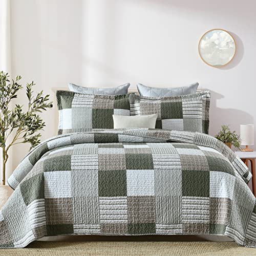 100% Cotton Navy Blue Grey Plaid Queen Size 3 Pieces Quilt T4421