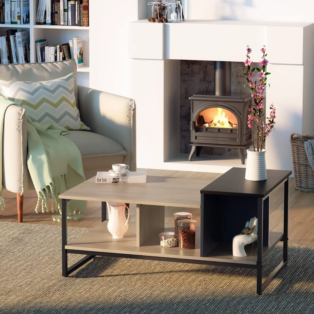 Lift Top Coffee Table with 2-Level Tabletop, Industrial Wood Coffee Table with Metal, 31.5" Z71149