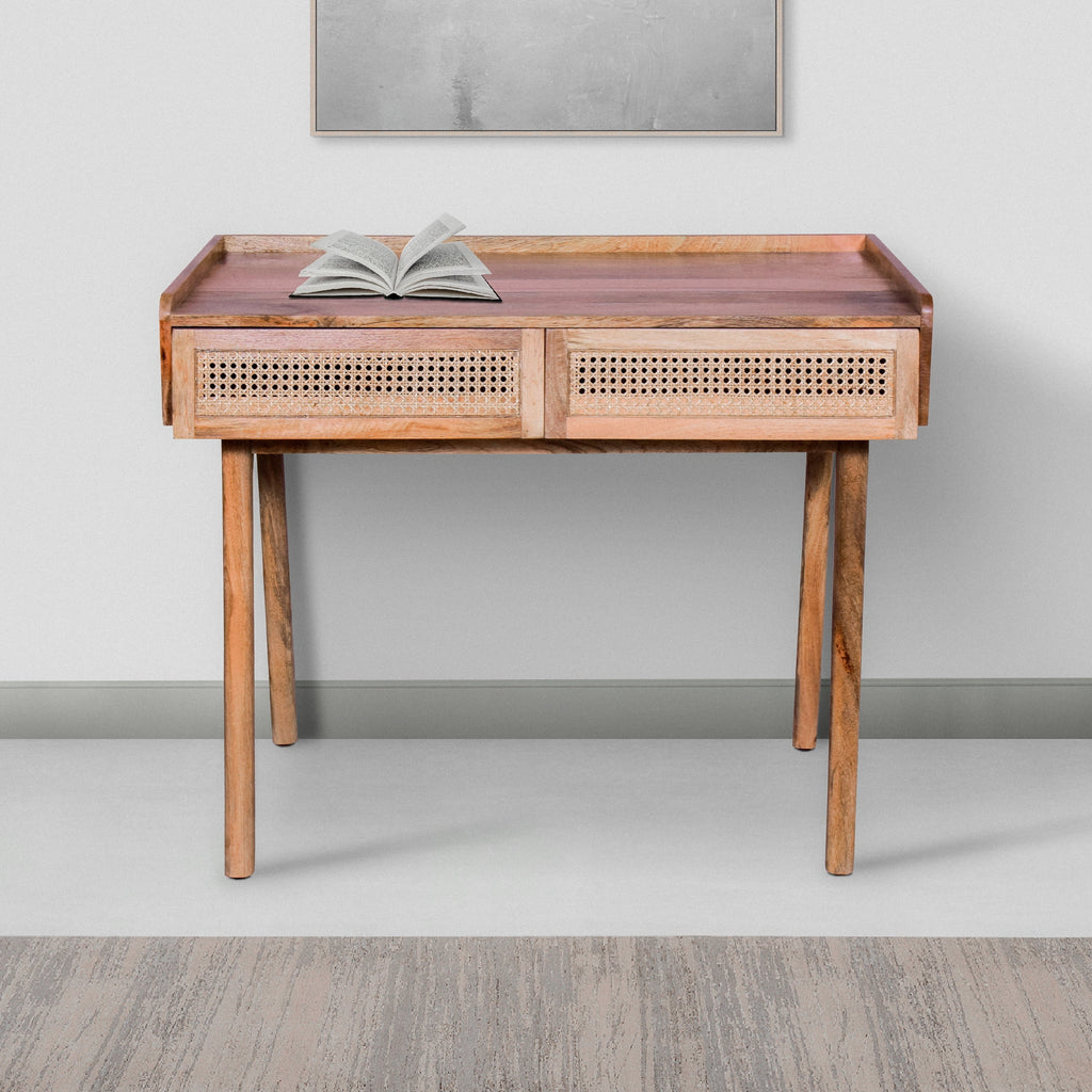 39 Inch Mango Wood Writing Desk with 2 Rattan Drawers A319