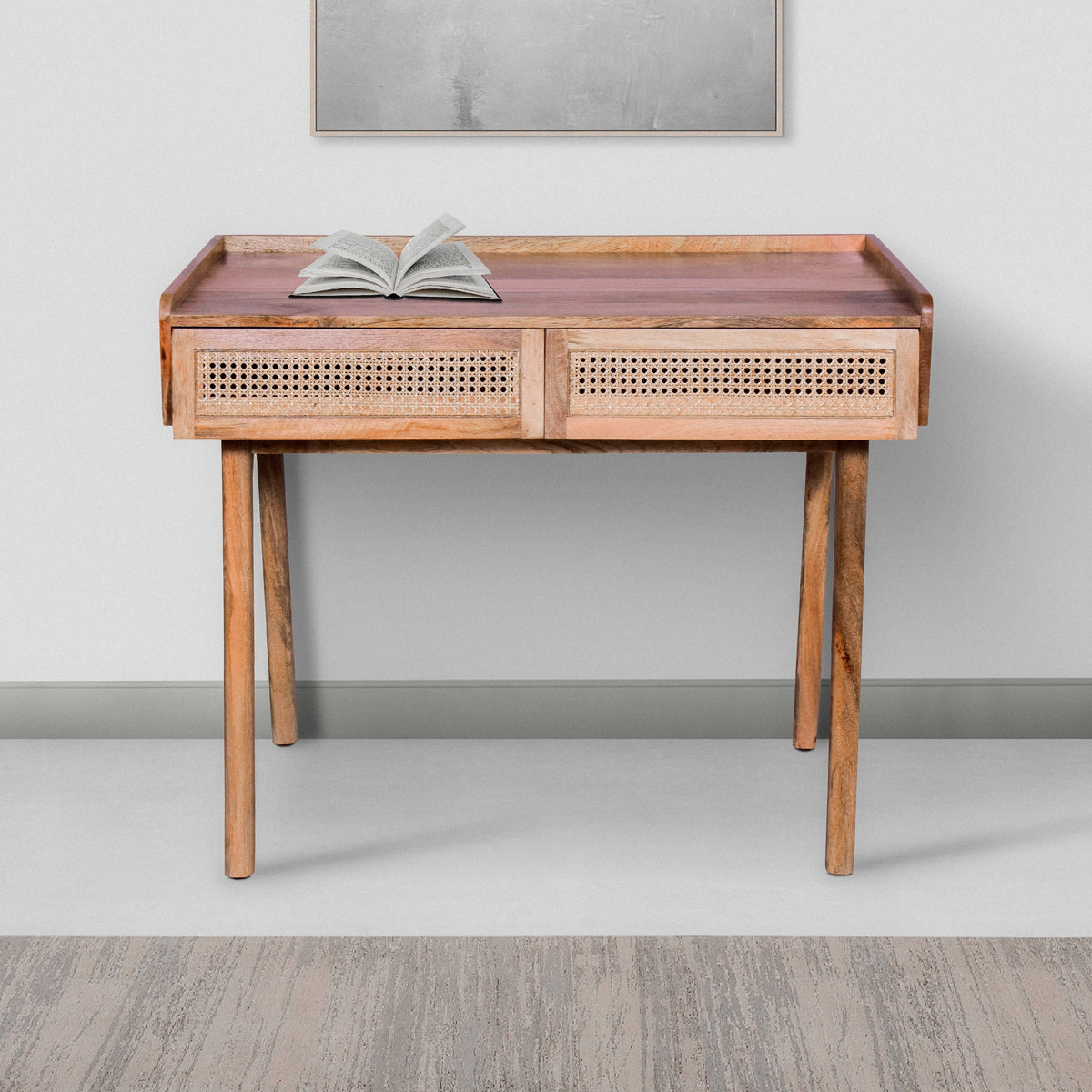 39 Inch Mango Wood Writing Desk with 2 Rattan Drawers A319