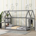 Gray Wood Twin House-Shaped Floor Bed with Shelf and Wardrobe F1857