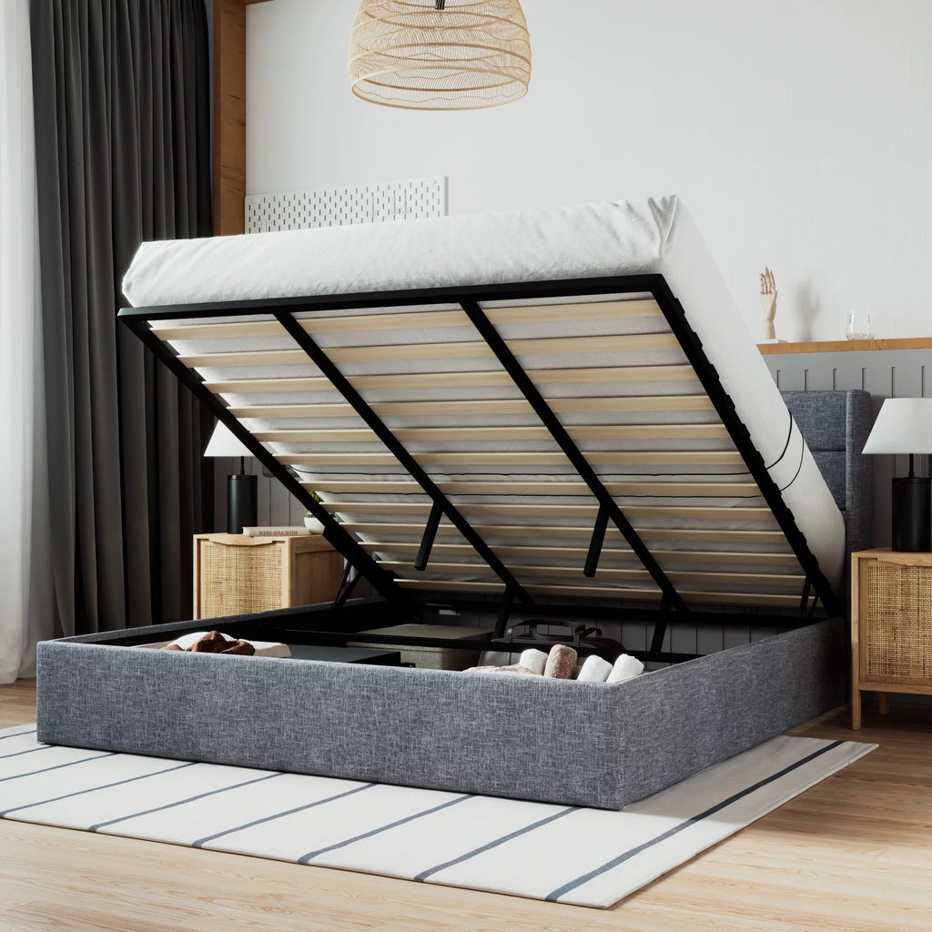 Beige Queen Size Lift Up Platform Bed Frame with Headboard K637