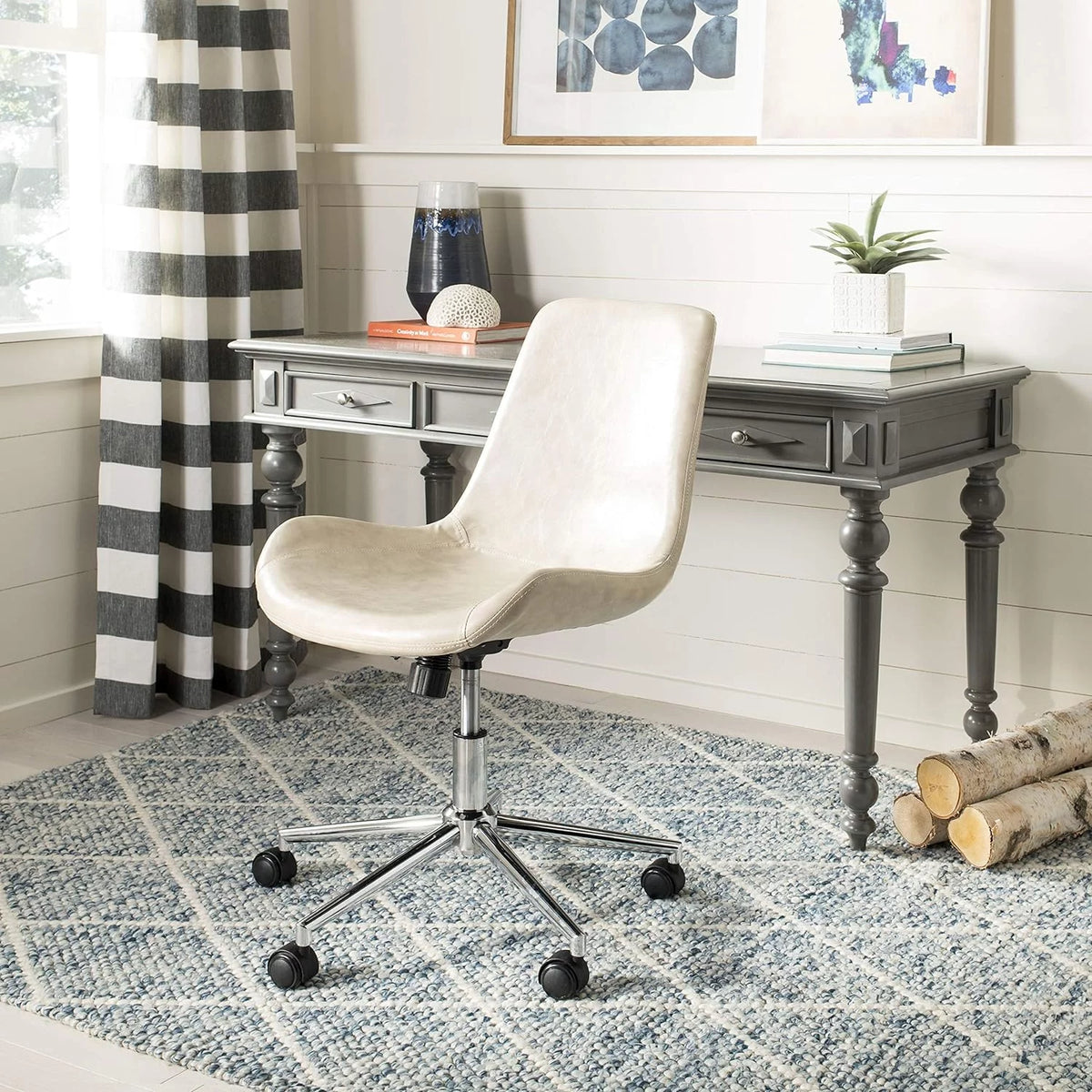 Beige Faux Leather Swivel Adjustable Office Desk Chair B206