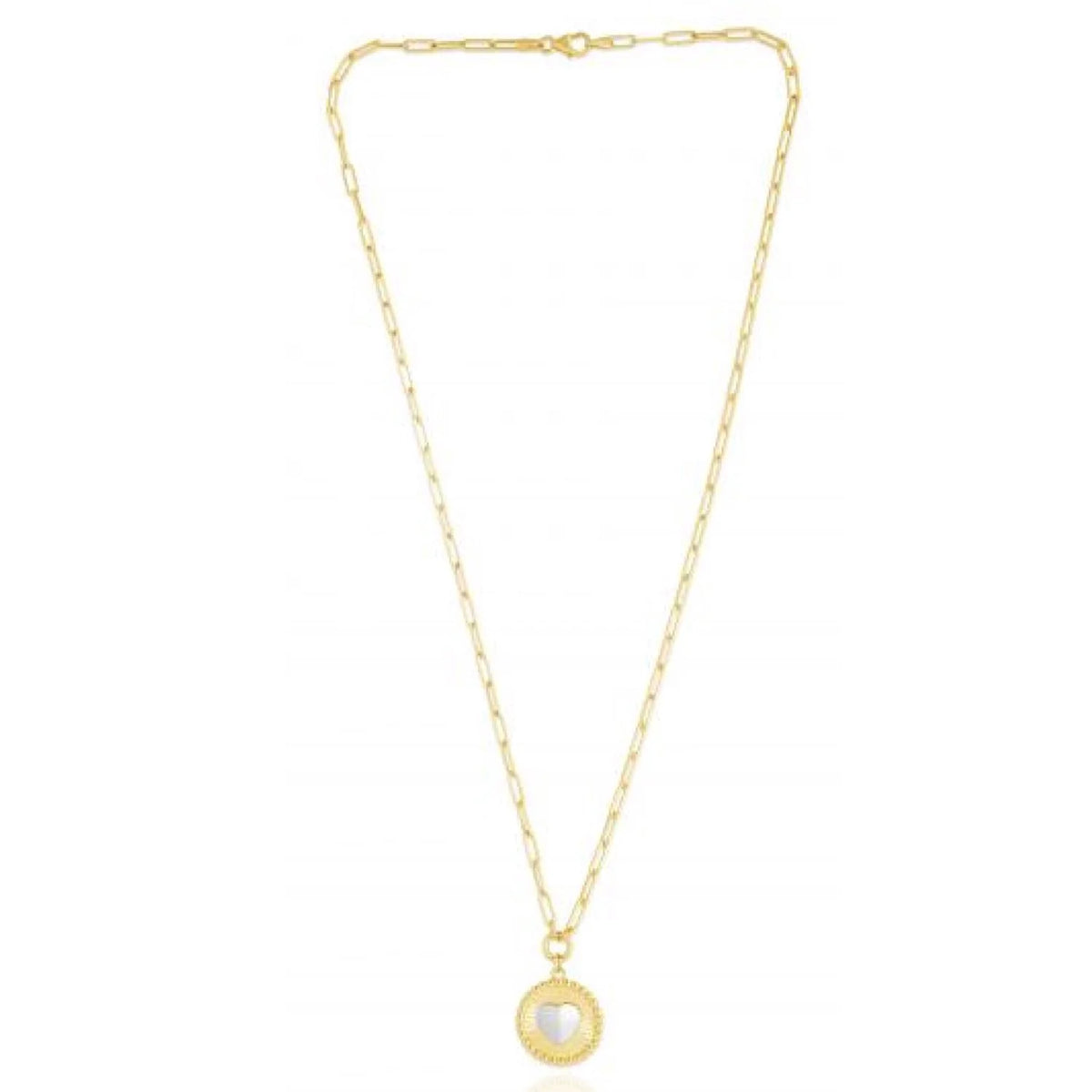 14K Gold Two-Tone Yellow White Round Heart Medallion Paperclip Necklace 18" M853743