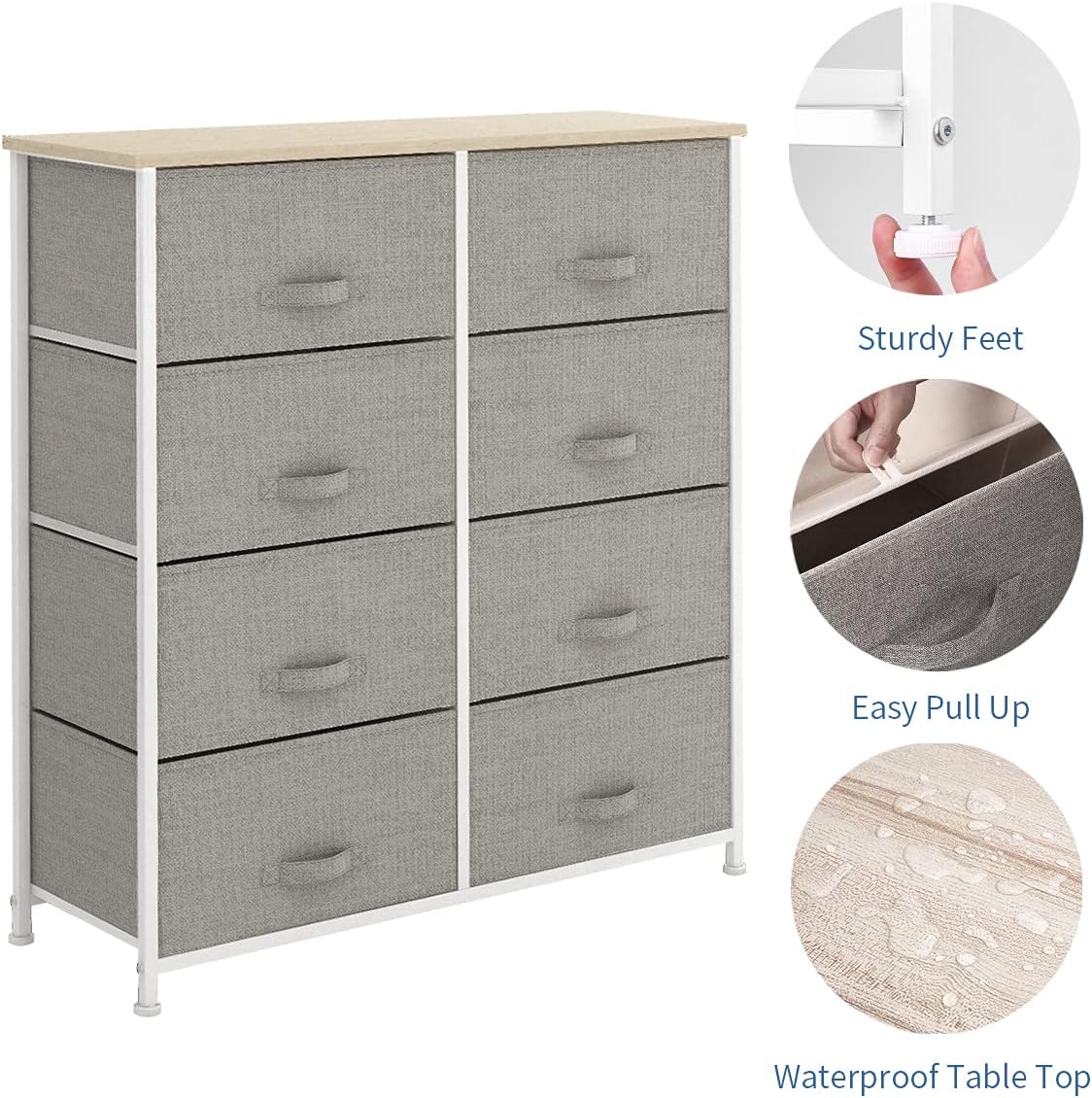 Light grey 8 Drawer Fabric Dresser with Steel Frame and Wooden Top M9995
