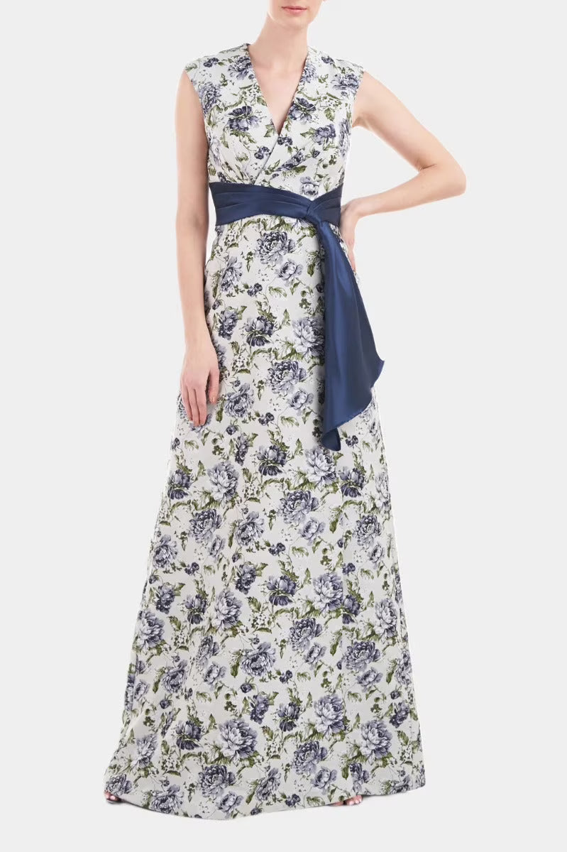 V-Neck Cap Sleeve Wrap Bodice Fit & Flare Jacquard Dress D946931