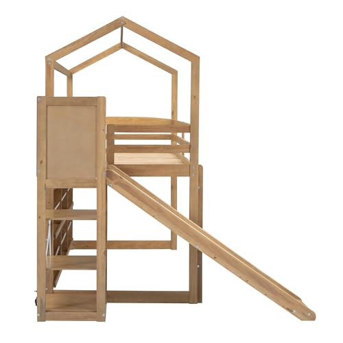 Twin Wood Loft Bed with Slide and Storage Shelves K311663
