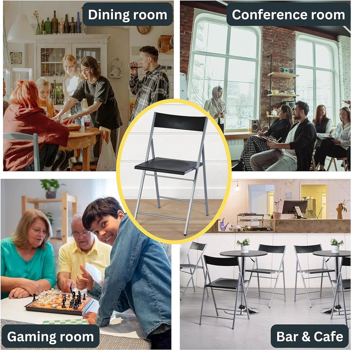 Black Set Of 6 Folding Chair Plastic Seat Steel Frame W4749