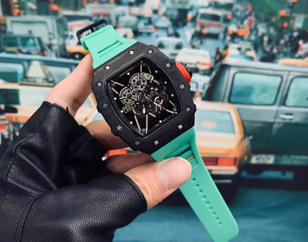 Black Bezel Red Markers Green Rubber Strap R1159