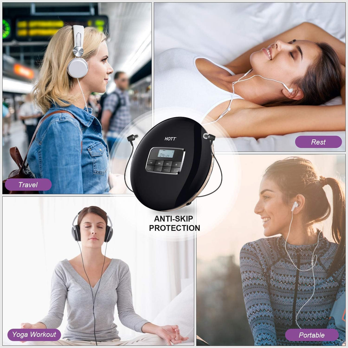 Portable CD Player with LCD Display Anti-Skip Headphones USB Cable Black Pack of 2 H128