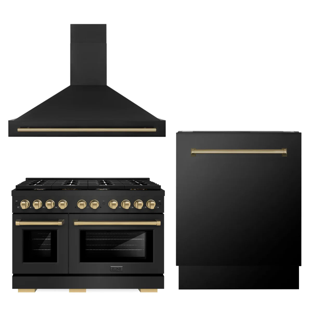48 In. Gas Range, Range Hood and Dishwasher in Black Stainless Steel I848