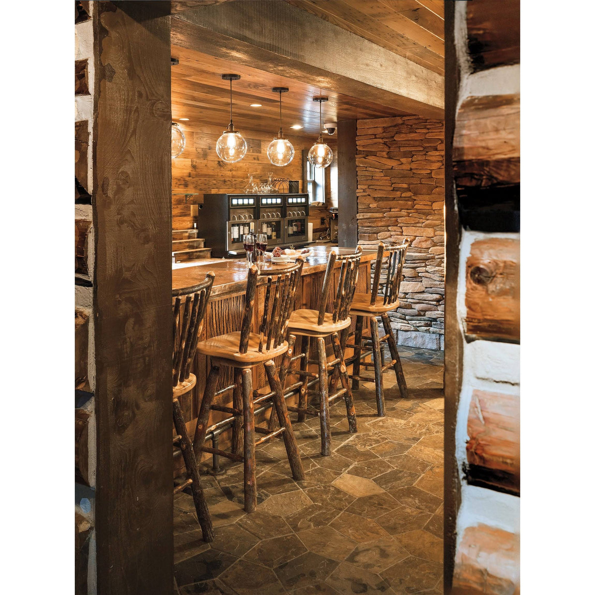 Hickory Log Stick Back Barstool V3666
