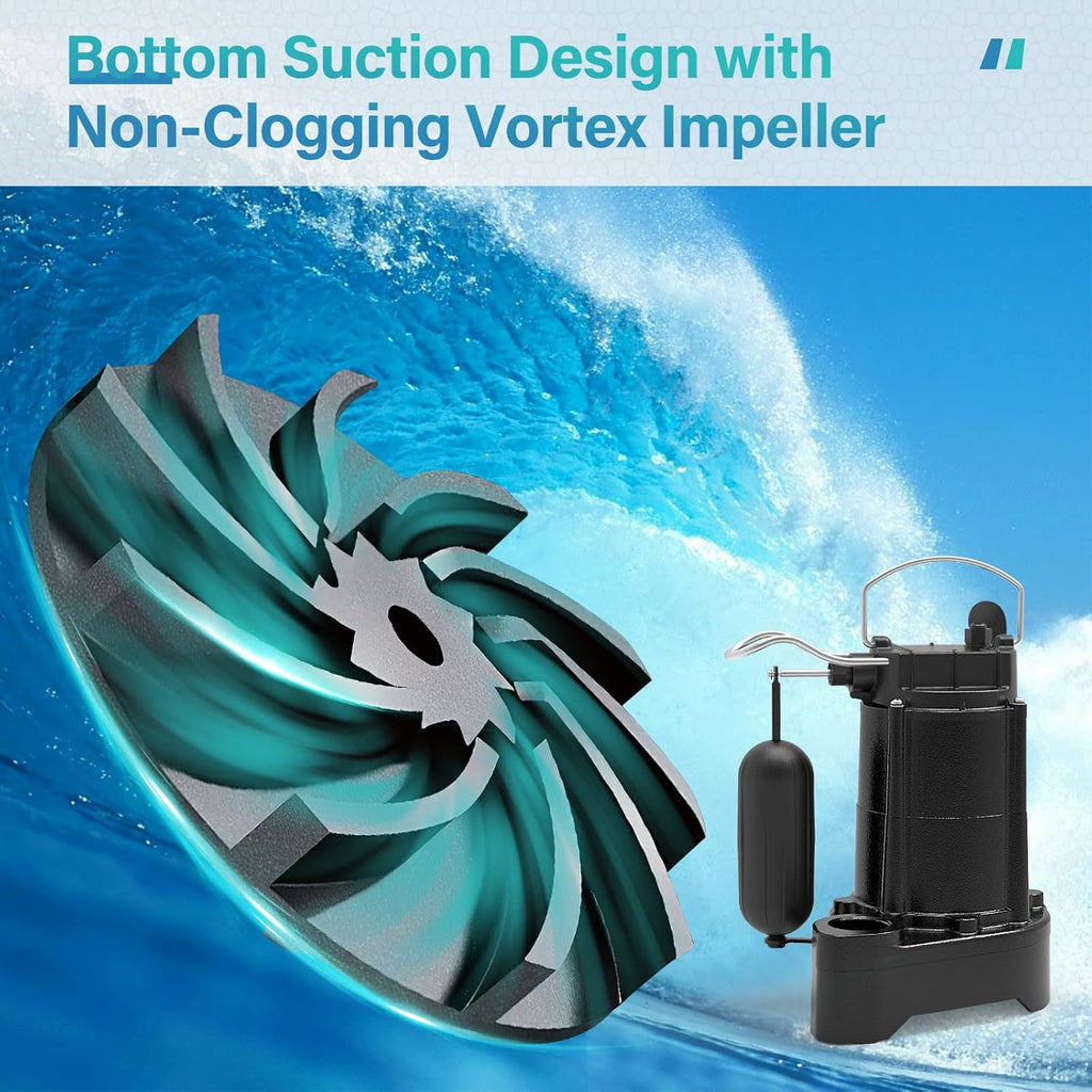 Submersible Sewage Pump 1/3HP Cast Iron 3680 GPH Automatic Vertical Float Switch Effluent Pump T80770