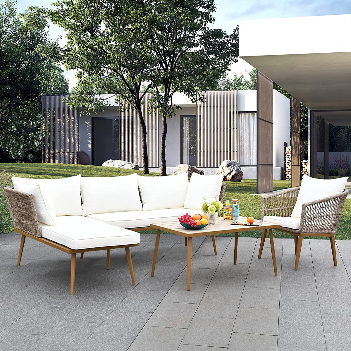 3 Pieces Rattan Woven L-Shaped Sofa with Cushions and Side Table J910